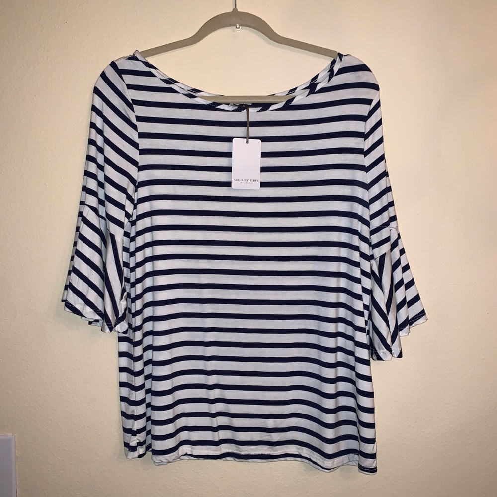 Navy and White Top with Bell Sleeve Detail